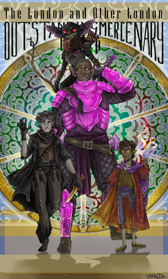 A coloured digital poster for “The London and Other London Outstanding Mercenary Group”. The group is drawn walking together in front of a kaleidoscope pattern. Azu is in the middle with Gizzop on her shoulders and Hamid and Sasha on either side of her. She is a tall Black half-orc in glowing pink armour. Grizzop is a lanky black skinned goblin with glowing red eyes and massive ears. Sasha is an awkward thin woman with deadly grey skin and short black hair. She is wearing all black leather and waving with one gloved hand. Hamid is a brown-skinned halfling with perfectly styled brown hair, glowing orange dragon eyes, and a smirk on his face. he is wearing all purple and forming a spiral of flame above one gloved hand.