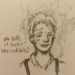 A traditional sketch of Cel, a white half-elf with tousled blond hair, wearing a button-down shirt and suspenders. They are smiling broadly as around them, electricity crackles in the air. They are saying: “oh Zolf, it looks — incredible!”