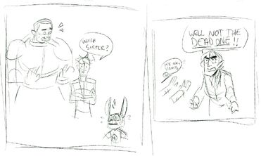 A sketched two panel comic. First: Azu, Sasha, and Grizzop stand side by side. Azu, a orc woman, is holding out her arms and looking towards to Sasha. Sasha, a human woman stands with her arms crossed over her chest. A speech bubble is above that reads: Which sister? Grizzop, a male goblin has his ear pointed up and eye wide. He is looking up at Sasha. Second: Hamid, a halfling male, stands with his hands into fists by his side. His eyebrows are furrowed. A speech bubble above him reads: Well not the dead one. Grizzop's arms are visible in left corner with a speech bubble that read: it's ok, Hamid.