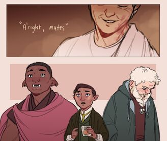 A two panel digital drawing. Above, a close up of Sasha, a white human woman, She has lines by her eyes and is wearing a toga. Her eyes are closed and she's smiling. She is looking down. The words beside her read: a'right mates. Below are Azu, a black orc woman, Hamid, a brown halfling, and Zolf, a white dwarvan male. Azu has her ears pointed down and eyebrows raised. Her eyes are wide and her mouth is agape. Next to her Hamid. He has a cup of whiskey in his hands. His eyebrows are raised and his eyes have tears in them. His mouth is agape. Next to them Zolf is looking down towards the ground and facing away. His hands are in the pocket of the hoodie he's wearing.