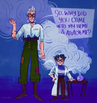 Full-length coloured digital art of Cel and Jasper. Cel is a white non-binary half-elf with spiky grey hair, wearing goggles, dangly earrings, a white button-down shirt, a belt with bottles in it, green pants with patches, and brown boots. They wear nail polish and several band-aids. They are standing, smiling, holding up one hand, and saying “So, why did you come into my home & attack me?” Jasper, staying beside them, is a Japanese gnome man with short black hair, wearing goggles, earrings, a blue turtleneck and brown patched pants under a long white lab coat. He is smiling and has one hand on a small brown table. The table also bears a beaker of pink and purple liquid that is spurting forth large white clouds of gas. The background is purple and blue.