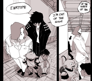 A digitally drawn comic done in three panels. In the first, panel on the left side, it shows Sasha, Wilde, Grizzop, and Hamid all standing together in a group. They're in a paneled hallway, and shown as though the viewer is positioned above and to the side of them. Sasha is wearing her studded leather jacket, and is an unhealthily pale white woman. Her face is gaunt. She says, "Everytime I'm out of the sight of the three of you," and the comic continues on the right side with Sasha's silhouette walking around a corner while Wilde, Hamid, and Grissop are all talking together in the foreground. There's an arrow pointing at Sasha.