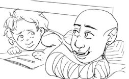 Black and white lineart of Azu and a young Howard Carter. Azu, a Black orc woman, is laying on her stomach under a bench, giving Howard Carter a reassuring smile. He is a young boy, also laying under the bench with a workbook in front of him, and he's giving her an anxious look.