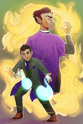 A drawing depicting two different Hamids, a brown halfling male. In Front: Hamid wears a green three piece suit with a purple ascot and handkerchief. His mouth is raised in a smirked with his eyebrows raised. His hands are outstretched in his hands and from them are two swirls of blue light. Behind: Hamid had his back turned. He is wearing a purple robe with a design of a tree running down the back of it. His hands are more claw-like and his skin has bronze scales showing. He face is in side profile; he is smiling. Fire is coming out of his hands and circling him.