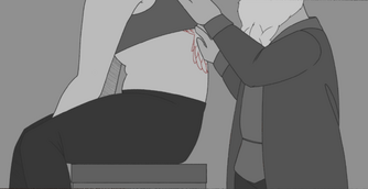 A black and grey digital drawing of Sasha and Zolf from the chest down. Sasha, a humam woman, is sitting on a stool. She is slouched and wearing a grey sports bra and black pants. There’s a red falcon scar on her back. Behind her is Zolf, a dwarf man. He is in a grey long coat, with grey armour on underneath. He has his right hand on Sasha’s falcon scar and the left a bit further up near her shoulder blade.