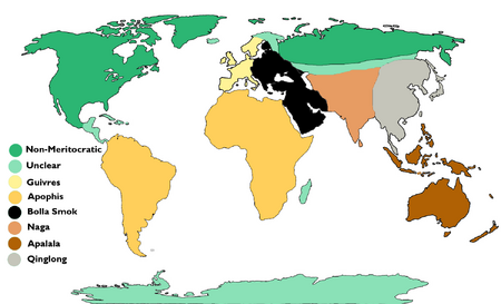 A colour-coded world map depicting the parts of the world under the rule of the various meritocrats. Dark green (approximately north America, Greenland, and Russia east of Moscow): Non-meritocratic. Pale green (Antarctica, central America, Madagascar, Caribbean): unclear if meritocratic. Brass (South America, Africa): Apophis. Gold (western Europe): Guivres. Black (eastern Europe, the Caucasus, and the Arabian peninsula: Bolla Smok. Copper (the Indian subcontinent): Naga. Silver (eastern Asia): Qinglong. Bronze (Australasia, south-east Asia): Apalala. Image by GugTheGoose. If using this work, please credit the artist.