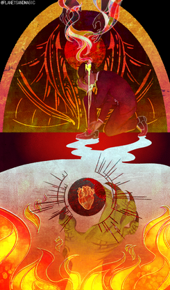 a digital drawing of Hamid. Top half: Hamid, a brown halfling male, is kneeling down on one knee with his head in his left hand. Behind him is a red sun and he is under an orange arch. There's hands reaching down towards him from above. Bottom half: flames are rising from below as well as a clawed dragon like hand reaching up and surrounding a red anatomical heart that's in the center of the frame.