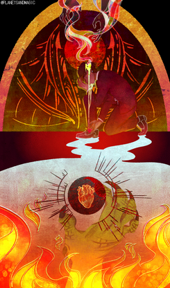 a digital drawing of Hamid. Top half: Hamid, a brown halfling male, is kneeling down on one knee with his head in his left hand. Behind him is a red sun and he is under an orange arch. There's hands reaching down towards him from above. Bottom half: flames are rising from below as well as a clawed dragon like hand reaching up and surrounding a red anatomical heart that's in the center of the photo.