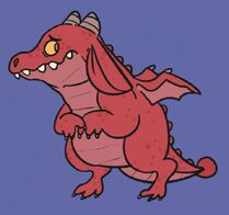 Coloured digital art of Azu in Meerk’s body. Meerk is a red kobold with short, stumpy horns and small wings. Azu is looking to one side with a scared expression. The background is blue.