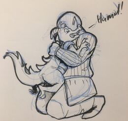 Inked traditional art of Hamid, in Azu, hugging Azu, in Meerk. Meerk is a kobold and Azu is a much-larger bald orc woman, kneeling down for the hug. Hamid in Azu is hugging very tight and Azu in Meerk exclaims “Hamid!”