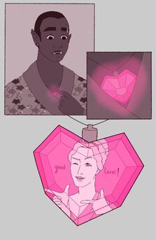 A three panel digital drawing. First panel is of Azu, a black orc woman. She is in a flowery kimono. Her eyebrows are raised and her mouth is slightly open. She's looking down at her chest and pointing at a glowing pink heart shaped necklace. Next panel is a close of the necklace. It's glowing a very bright pink. Final panel shows the necklace with a bust of Aphrodite, the goddess of love. She is winking with one eyebrow raised and her hands are pointed in "fingerguns". The word: good shown on the left, and the word: lovin' is on the right.