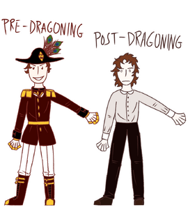Two drawings of Amelia Earhart, side-by-side. The first is labelled “pre-dragoning” and she looks confident, wearing a fancy red and gold navy-style uniform and a large admirals hat with feathers. The second is labelled “post-dragoning”. In the second, she has a firm, sad expression and longer hair than the first, and wears a simple shirt and trousers.