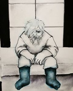 A mostly black and white drawing of Zolf, a dwarven man with shaggy hair that is covering his right eye and a double braided beard. He is sitting on a bed and leaning into his lap. His face is cast down. He is staring down at his set of blue colored water legs.