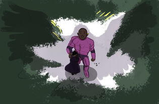 A digital drawing of Hamid, an Egyptian halfling man, and Azu, a Black orc woman. Hamid is clutching Azu’s leg; she has a comforting hand on his back while she looks up at the sky in surprise. They are standing in a clearing in a forest, and on the ground is the shadow of a massive eagle.