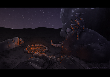 A digital painting done mostly in grey hues, of Grizzop keeping watch while the rest of the party sleeps. He is perched with his bow on a large boulder, looking off into a starry night sky. Sasha has fallen asleep sitting up against the boulder, Azu and Hamid are in their bedrolls next to each other, and Oscar Wilde is sleeping a few feet away, with his back to the party. The fire has burned down to embers, and it’s soft reflection off of Grizzop’s armor and the surrounding area is one of the only bright colours in the piece.