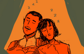 A sketch of Azu and Kiko sleeping, leaned against each other. It is exclusively blue, yellow, and orange. Azu is a Black orc with a buzzcut, and Kiko is a human, with chin-length dark hair. They both look content, and small "z"s come from both of them.