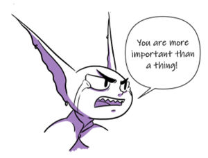 A digital drawing of Grizzop, a goblin with large ears and pointy teeth, seen from the shoulders up. He is crying, tears streaming down his face and brows furrowed, as he shouts “You are more important than a thing!” The drawing is in black and white with purple shading.