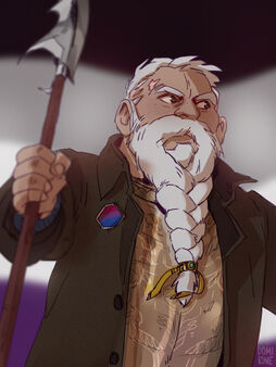 Digital art of Zolf Smith, a white dwarf with a long white beard and short white hair. He is wearing a dark coat, armour, and holding a long glaive. He has a scar at his temple. There is a pin on his coat in the bi colors, and the background is a blurry ace flag.