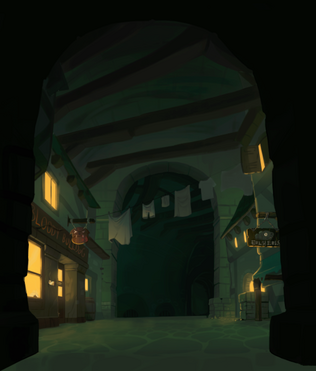 Digital art of a street in Other London. It is a large underground hallway, largely made of stone, with wooden supporting beams on the roof. To the left is the Bloody Bulldog, a well-lit tavern; to the right is an eels shop, with another lit building behind it. Strung between the two sides of the street is a laundry line. The scene is viewed through a large stone archway, and past the stores, there is another large archway.