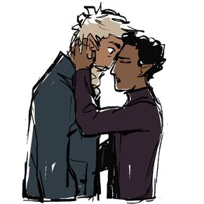 A coloured sketch of Hamid and Zolf, with Hamid pressing their foreheads together. Hamid is a brown-skinned halfling with curly black hair, wearing a purple coat. His right arm is on Zolf's side, and his left arm is up, hand holding onto the side of Zolf's face. His eyes are closed, and he seems to be saying something. Zolf is stood on the left, a pale dwarf with short, shaggy white hair and a white beard, and his eyes are open as he stares down at Hamid.