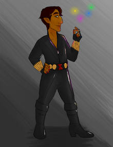 A digital drawing of Hamid, a thin Egyptian halfling man with shirt brown hair and golden eyes. He’s wearing a Black Widow-esque bodysuit. He’s casting dancing lights, which are hovering over his left hand. He’s smirking. The background is a grey gradient.