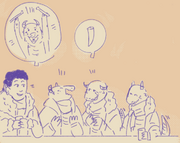 Digital art of Hamid and the rest of the kobolds speaking about Meerk over dinner. Hamid is a halfling with dark curly hair, and he is holding a mug as he smiles at three other kobolds, all of whom have horns and big fuzzy coats on, all laughing. Two speech bubbles rise above them, one of Meerk holding drumsticks and another of a single fang (referencing Hide the Fang).