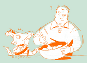 A minimal sketch of Draal watching Zolf cook. Zolf is a male dwarf with short hair and a single plaited beard, wearing a collared shirt with his sleeves rolled up. He is stirring food in a large bowl, and looking suspiciously at Draal, who is a kobold who seems excited as he inspects Zolf, one hand raised.