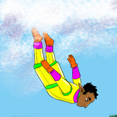 Digital art of Hamid, a brown-skinned halfling man with short black hair. He wears a yellow diving suit with green, purple, and orange elements. He is dive bombing through the air with his eyes open in a focussed expression.