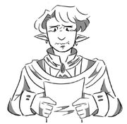 A black and white lineart image of Hamid, a halfling with straight, floppy hair and earrings. He is wearing a suit, covered by a cloak that wraps around his outfit. His eyes are welling up with tears and his mouth is quivering as he stares down at a letter in his hands.