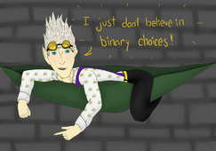 A digital drawing of Cel Sidebottom partially hanging out of a hammock. Cel is a light skinned half elf with spiky white hair and blue eyes, and one of their pointed ears is short and scarred. They are wearing a white dress shirt with gold starburst designs, purple suspenders, and dark pants, and have a pair of gold-tinted goggles around their forehead. They have their arms and a leg dangling out of a green hammock in front of a gray brick wall, and the words “I just don’t believe in binary choices!” are written in gold next to them.