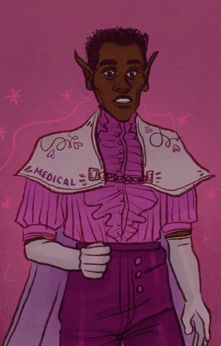 Fairhands, a Black elf man with short natural hair. He wears a pink frilly shirt, pink high-waisted pants, long white gloves, and a white cape embroidered with hearts and labelled “medical.” He looks concerned. The background is pink.