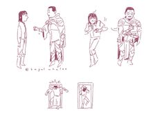 A three-panel digital sketch of Hamid (in Azu's body, a Black female orc in armour) and Skraak (in Kiko's, a human woman with shoulder-length hair) having a conversation. In the first panel, Skraak is standing there facing Hamid, while Hamid's arm is stretching out toward him. In the second panel, Hamid and Skraak have both swiveled away from each other, both looking incredibly awkward as they realise that they aren't in their proper bodies, In the third panel, they are both leaving; both hit their heads on the doorframe if they head out of the door.