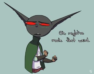 A coloured digital drawing of Grizzop from the torso up. He is a grey-skinned goblin with red eyes, wearing a green cloak and a white shirt with the symbol of Artemis on it. He is blushing and holding his hands in fists of worry. Beside him, it reads “Oh, might’ve made that weird.” The background is light green.