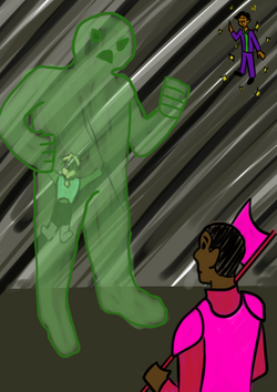 A colored digital drawing of Azu, Zolf, Hamid, and a blob monster. In the foreground is Azu, a black orc woman. She is in all pink armor and wielding a pink axe. Her back is turned to the viewer and she is staring at a large green blob monster. The blob monster has an angry expression on its face. Both of its hands are curled into fists and it is staring down at Azu. Inside of its left leg is Zolf, a white dwarven male. His is in a blue chest plate with black pants and white boots. His arms are outstretched. Flying above all of them is Hamid, a brown halfling male. He is wearing a purple suit with a green shirt. Around him are yellow sparkles. He is looking down at everyone.