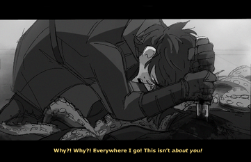 Greyscale fan art of Sasha stabbing the already-dead squizzard. She’s on her knees, leaning down into its corpse with both hands on the hilt of a dagger that’s buried into a mound of dark clothing and tentacles. She is sobbing. The art is captioned: “Why?! Why?! Everywhere I go! This isn’t about you!”