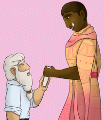 A digital drawing of Azu and Zolf from Rusty Quill Gaming. Azu is a Black orcish woman with close-cropped hair, and she is wearing tan robes with pink designs. Zolf is a white dwarven man with his beard pulled into a single braid, and he is wearing a white shirt with the sleeves rolled. They are both in profile and smiling as Zolf hands Azu a novel. The background is pink with a geometric pattern. /end