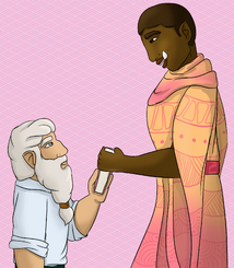 A digital drawing of Azu and Zolf from Rusty Quill Gaming. Azu is a Black orcish woman with close-cropped hair, and she is wearing tan robes with pink designs. Zolf is a white dwarven man with his beard pulled into a single braid, and he is wearing a white shirt with the sleeves rolled. They are both in profile and smiling as Zolf hands Azu a novel