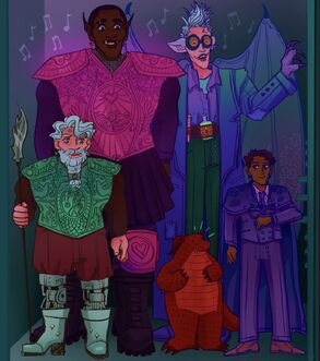 A digital drawing of Azu, Cel, Zolf, Skraak, and Hamid. In the back are Azu, a Black orc, and Cel, a white half-ling. Azu is in pink plated armor with symbols of roses and hearts all around. Next to her is Cel, who is wearing a purple shirt with green pants and a long blue jacket. They have a brown belt on their waist with green and pink potions in it. They have one clawed hand visible as well as bat wings attached behind them. In front and to the left of the viewer is Zolf, a white dwarf with white hair and a white braided beard. He is in a green chestplate with symbols of doves and shells. He is holding his glavie in his right hand. He is wearing brown pants and his mechanical legs are showing. He has on blue boots. Next to him is Skraak, a red kobold. He is standing with his hands on his chest. He is looking up at Hamid who is next to him. Hamid, a brown halfling, with short brown hair, is wearing a purple suit with a purple cape and brown loafers. He has one arm resting across his chest and he is staring down at Skraak. Azu, Cel, and Zolf are also starring at Skraak. Between Azu and Cel are floating musical notes.