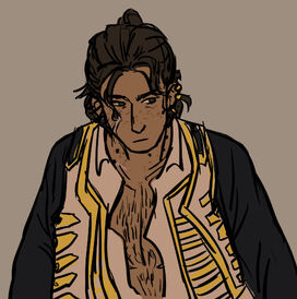 A digital drawing of Commander Barnes. He has medium length brown hair that is pulled into a half ponytail. He is wearing a naval commander frock coat. The sleeves are navy blue with white and yellow accents going down the middle. He is wearing a white button up shirt with the buttons undone, exposing his hairy chest. He has his head turned down. His mouth is in a straight line as he is starring something offscreen to the right of the viewer.