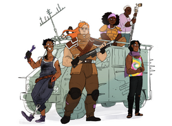 Art of the visiting gang from Apocalypse World, standing around or on the van. Zhang, a brown Asian woman with short black hair, is leaning on the van. She is wearing blue overalls, a utility belt, and orange gloves, and she has a prosthetic leg. She is covered in oil, holding up a wrench, and smiling broadly, looking up at Lux. Lux is a large, muscled white woman with orange hair and several scars on her face. She wears brown sleeveless armour with a bandolier and knee pads, and carries a gun with a serious expression, staring at the viewer. Nina sits cross-legged on the van. She is a Black woman with an afro, wearing a pink bandana and pink shirt under orange armour. She is smiling, looking own at Lux. Beside her, on the van, is Summer, an elderly black woman with short white hair, wearing a loose pink shirt, carrying a long staff. Lastly, in front of the van stands Ravi: an Indian man with shoulder-length wavy hair, wearing a purple scarf and tie-dye tank top. His hands are clasped together and he stares at the viewer with wide eyes.
