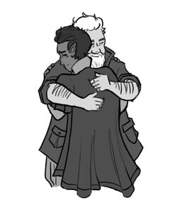 A black and white digital drawing of Hamid and Zolf. Hamid, a halfling with short black hair. has his back turned to the viewer. He is wearing a long cape with a collared shirt. He is hugging Zolf. Zolf, a dwarf with white hair and a white beard, is wearing a long jacket. He is hugging Hamid. He has a small smile on his face with his eyes closed. Hamid’s face is nestled in Zolf’s right shoulder.