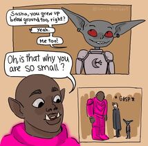 A digital comic page of Azu, a Black orc in pink armour; Grizzop, a grey goblin in grey armour; and Sasha, a human woman in a long black coat, chatting. In the first panel, Grizzop looks up to the right, saying "Sasha, you grew up below ground too, right?" Sasha responds with "yes", and Grizzop says "Met too!" The next panel is Azu saying "Oh, is that why you are so small?", and the final panel is Grizzop and Sasha gasping at her in disbelief.