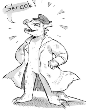 Black and white drawing of Skraak, a kobold wearing a general's hat and a dirty lab coat. He stands with his hand on his hips and a proud expression, and says “Skraak!”