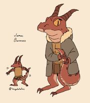 Two pictures of James Barnes, in Sassraa's body ( a red kobold). The larger picture is off Barnes holding his tail. Next to it is a small doodle of him stumbling away, awkward on his feet as his tail shakes.