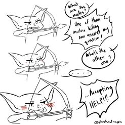 A digital drawing of three different headshots of Grizzop, a goblin male. Top: he is seen casting his bow with his eyebrows furrowed and mouth open. A speech bubble from off screen reads: what are the modes? A speech bubble from Grizzop reads: One of them involves killing now answer my question. Middle: slightly closer shot of Grizzop. His mouth is now shut and eyebrows neutral. His bow is still cast. There is a small blush on his cheeks. A speech bubble from off screen reads: What's the other one? A speech bubble from Grizzop below shows four dots inside it. Bottom: a slightly more zoomed in headshot of Grizzop, bow still cast. There is a bigger blush on his cheeks and his mouth is open. A speech bubble from him reads: Accepting help.