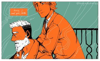 Digital art of Zolf Smith talking to Oscar Wilde. They are both standing on a balcony, leaning on the railing. Zolf is a dwarven man, with bright white hair, an undercut, and a single-plaited beard. He has freckles and isn't looking at Wilde as he says "because I need you, Wilde." Wilde is a tall human man, wearing a suit, with shoulder-length hair. He is looking down at Zolf. Both of them are coloured in orange, with white wisps of smoke surrounding them.