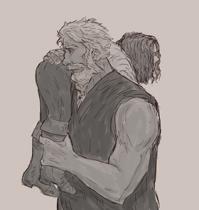 Greyscale fanart of Zolf carrying Earhart. He is a muscled dwarf with short white hair and a beard, wearing a sleeveless shirt. He has Earhart slung over his shoulder in a fireman’s lift, with one hand around her waist and another holding her leg to secure her. She is a very slim gnome with long wavy hair that obscures her face. Zolf is seen from the waist up, shown from the side.