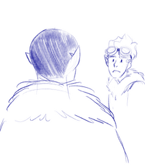 A digital sketch of Azu and Cel. Azu, an orc, has her back facing the viewer. She has black shaved hair and is wearing a fur collared coat. There’s a sharp fang resting behind her right ear. In front of her is Cel, a half-elf. They have goggles resting on their forehead and are wearing a fur collared coat. They are staring at the fang on Azu’s ear with eyes slightly squinted and mouth up in a frown.
