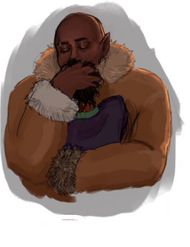 A digital illustration of Azu hugging Hamid, with a grey circular background. Azu is a bald, Black orc with a big fuzzy coat on; Hamid is a halfling with dark skin and dark hair, wearing a purple and green suit. One of Azu's hands is on the back of Hamid's head, and her other arm is around his back.
