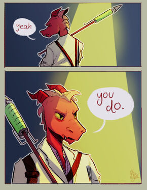 A two panel digital drawing of Skraak, a red kobold wearing a white labcoat and holding a poison spear over his shoulder. In the first, they’re turned away from the camera and saying, “yeah.” In the second, he’s turned around and looking to the side with a hard expression, saying, “you do.” Both scenes are lit with a yellow spotlight. The background is dark blue.